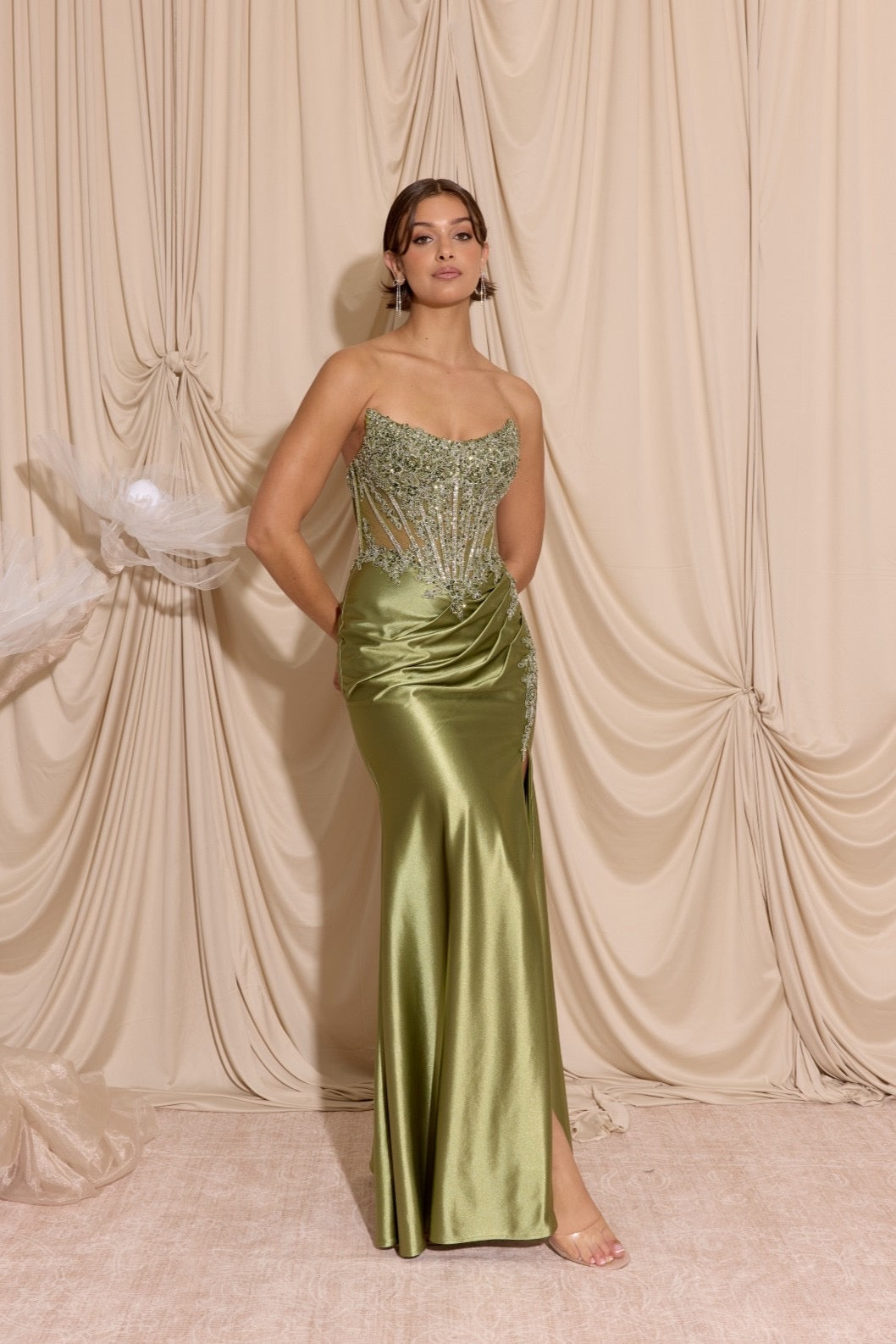 Olive Satin Corset Gown with Beaded Bodice