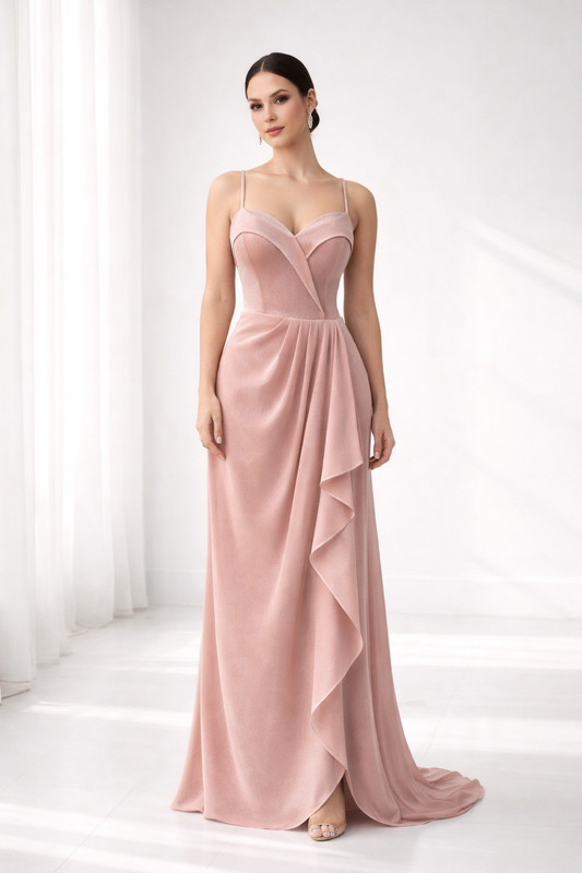 Mauve Shimmer Gown with Illusion Bodice and Draped Skirt