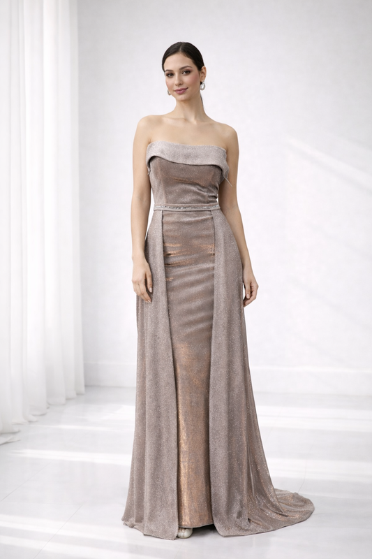 Metallic Shimmer Off Shoulder Column Dress in Silver