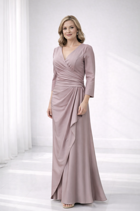Dusty Rose V Neck Wrap Style Evening Dress
