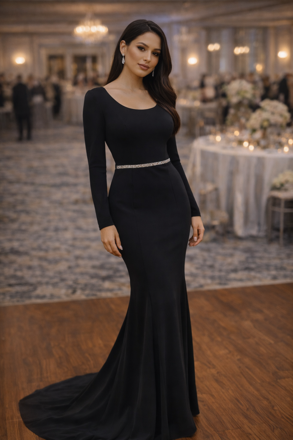 Black Long Sleeve Mermaid Gown with Rhinestone Belt