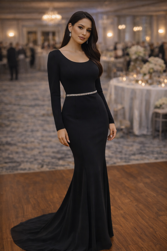 Black Long Sleeve Mermaid Gown with Rhinestone Belt