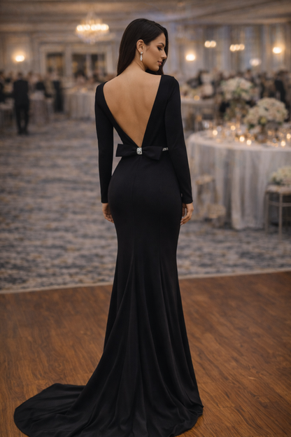 Black Long Sleeve Mermaid Gown with Rhinestone Belt
