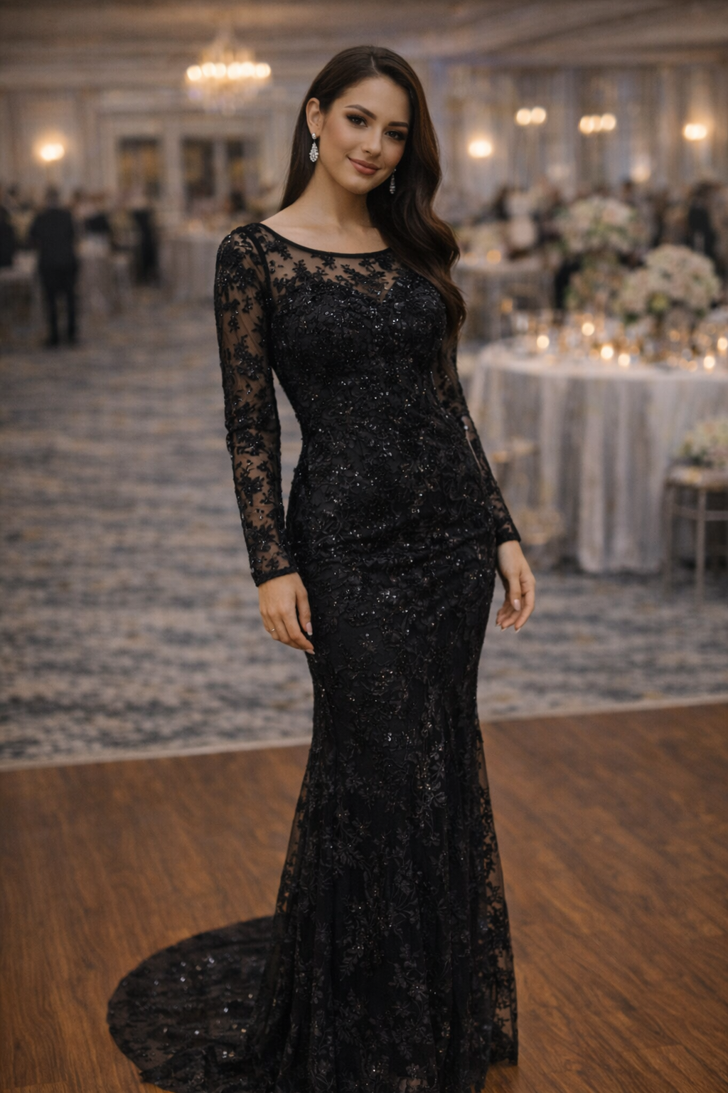 Black Lace Long Sleeve Illusion Neckline Gown