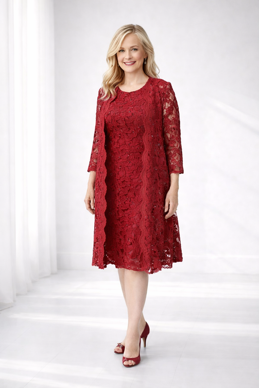 Burgundy Lace Dress with Matching Lace Jacket