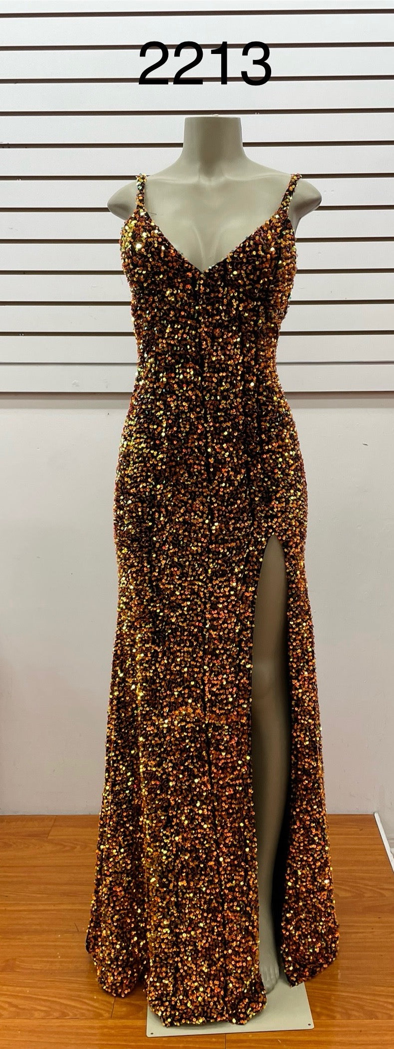 Copper Sequin Evening Dress with Thigh High Slit