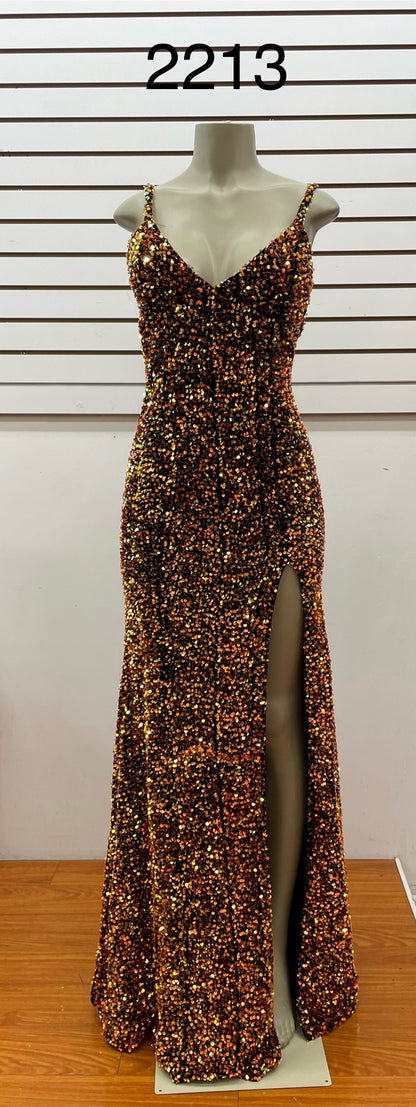 Copper Sequin Evening Dress with Thigh High Slit