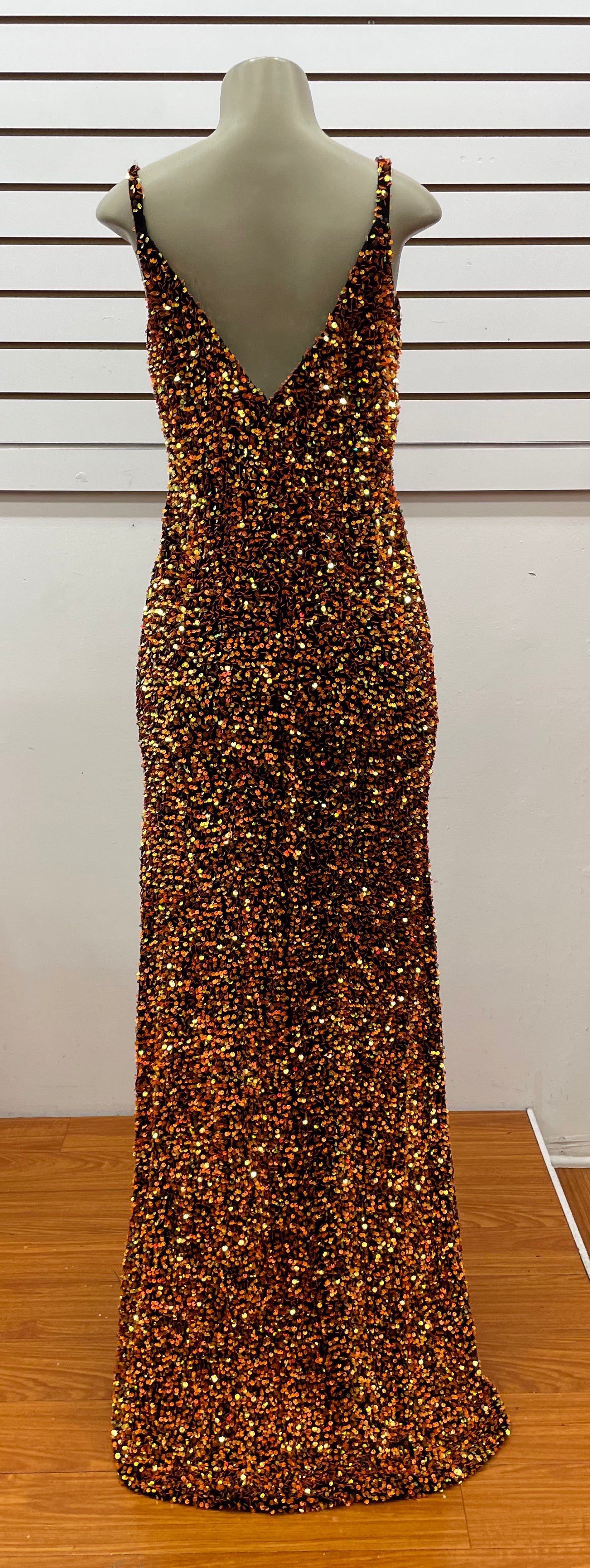 Copper Sequin Evening Dress with Thigh High Slit