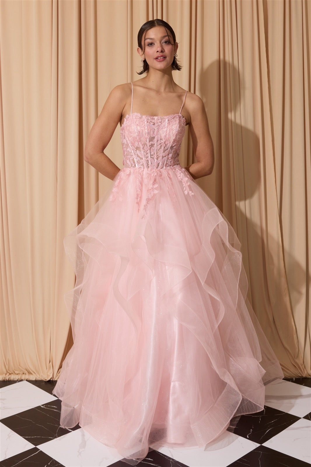 Floral Lace Corset Ball Gown with Layered Tulle