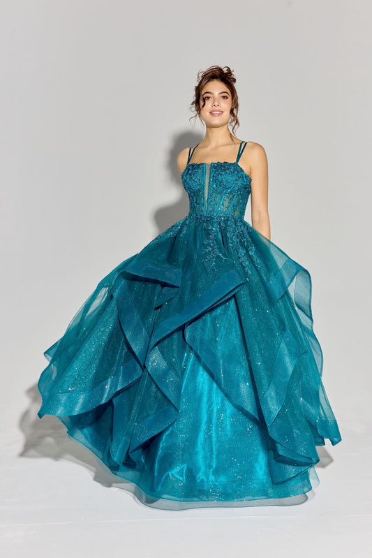 Teal Glitter Tulle Ball Gown with Tiered Ruffle Skirt