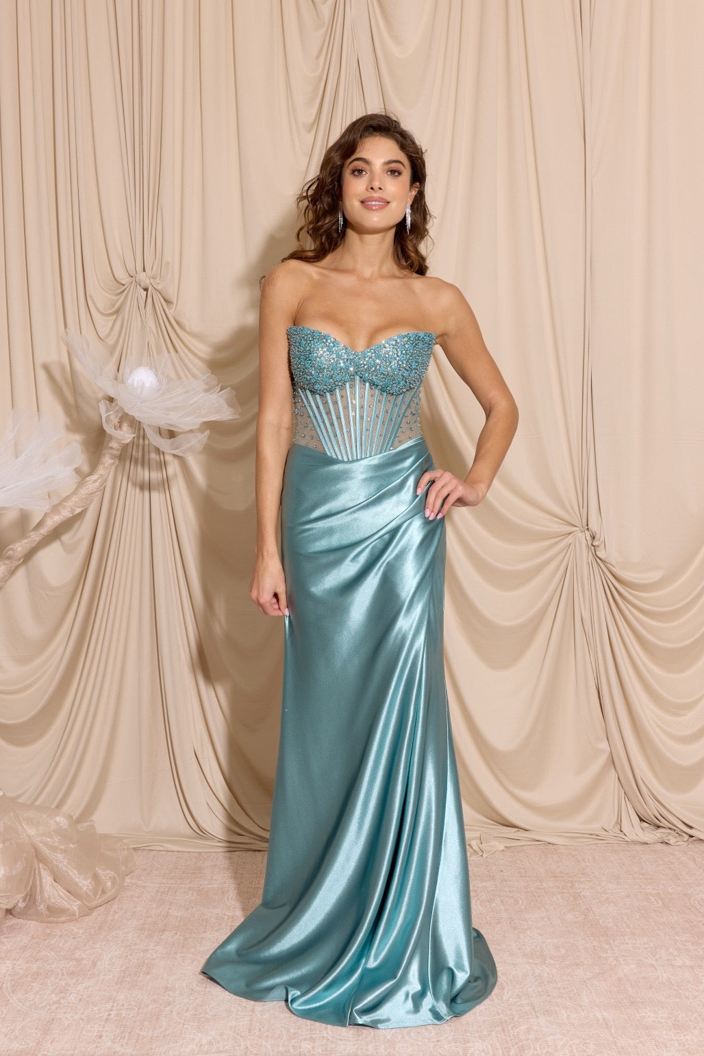 Satin Corset Gown with Beaded Bust