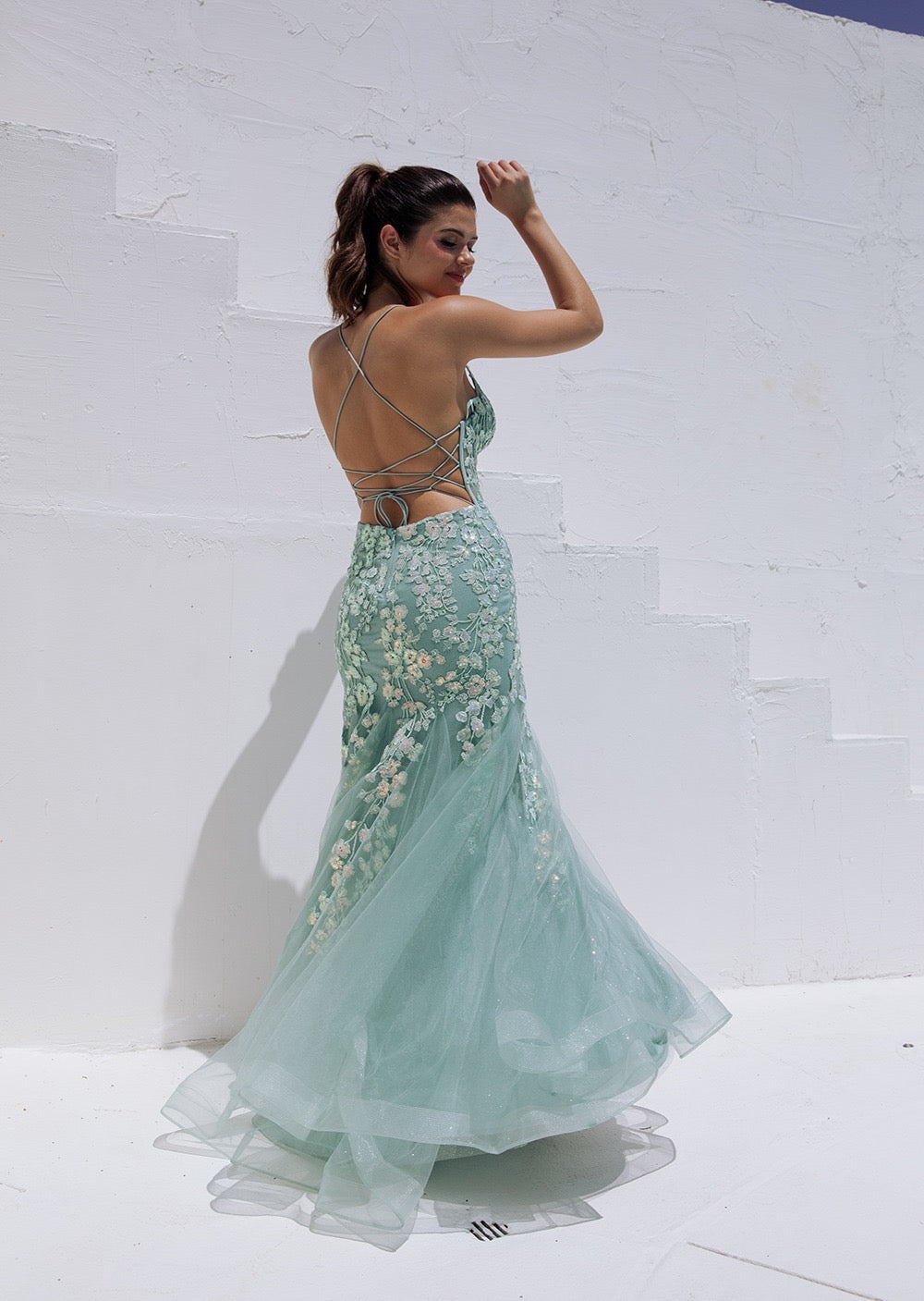 Sage Lace Appliqué Mermaid Gown with Tulle Skirt