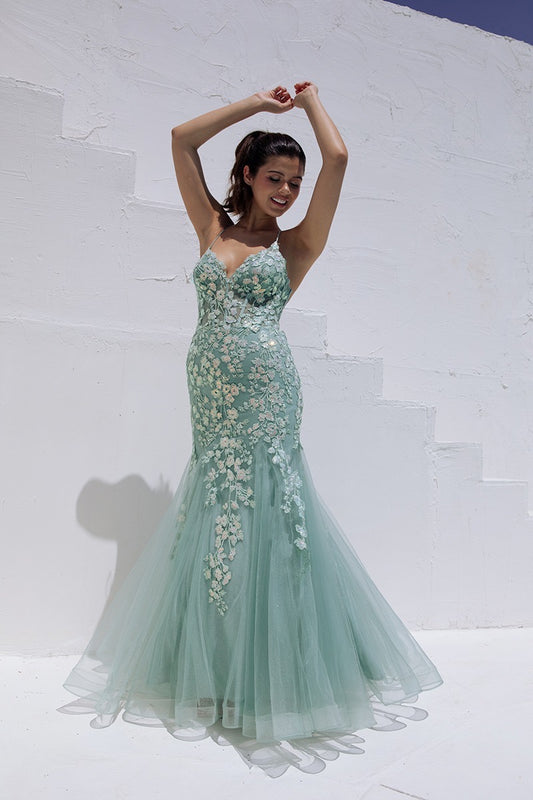 Sage Lace Appliqué Mermaid Gown with Tulle Skirt